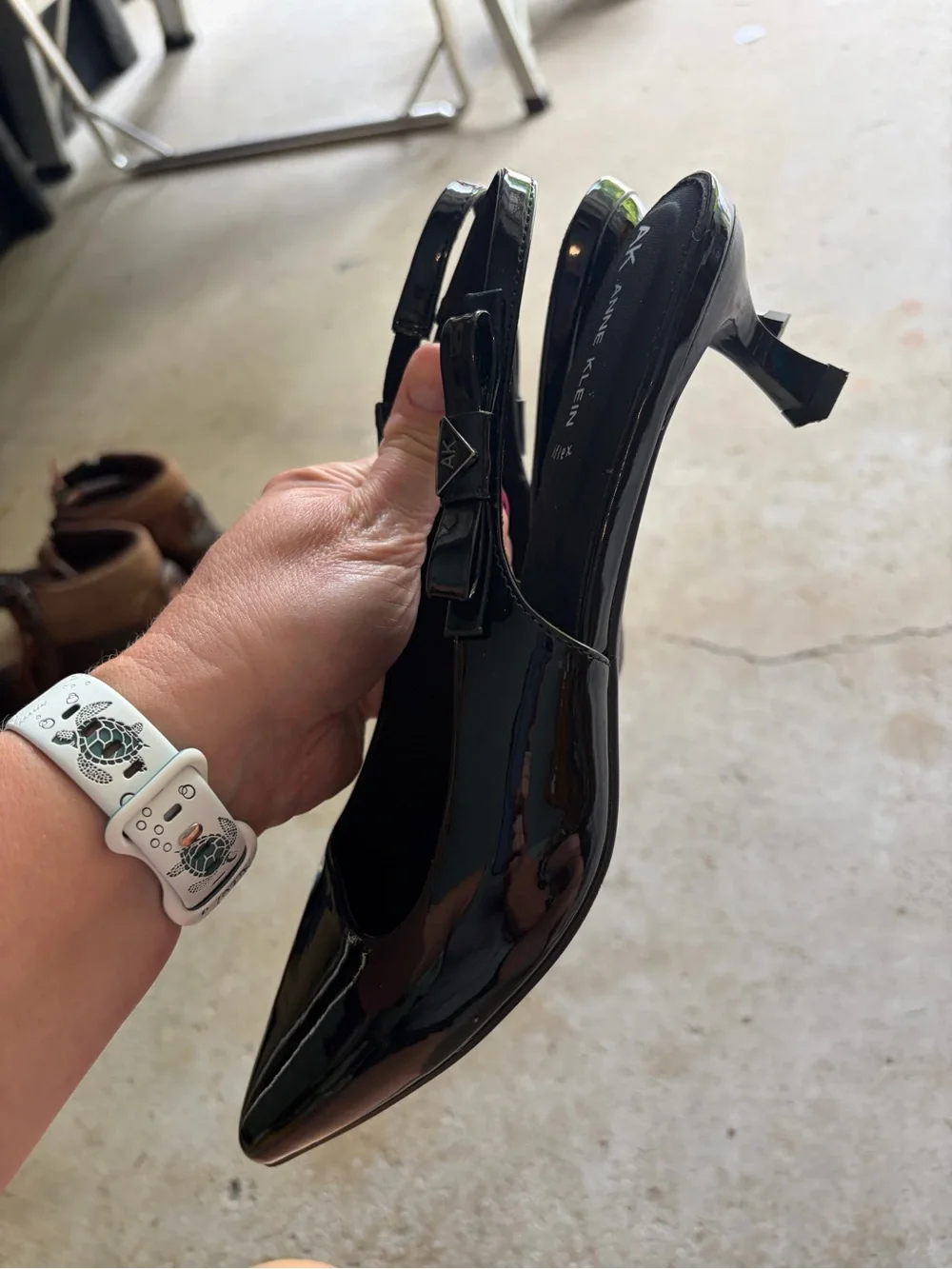 Anne Klein Black Patent Pointed Slingback Flats with Bow Accent